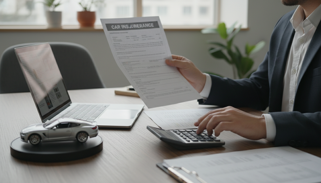 A professional person sitting at a desk with a laptop, looking at a car insurance policy document and a calculator, with a miniature car model nearby, high quality, soft lighting