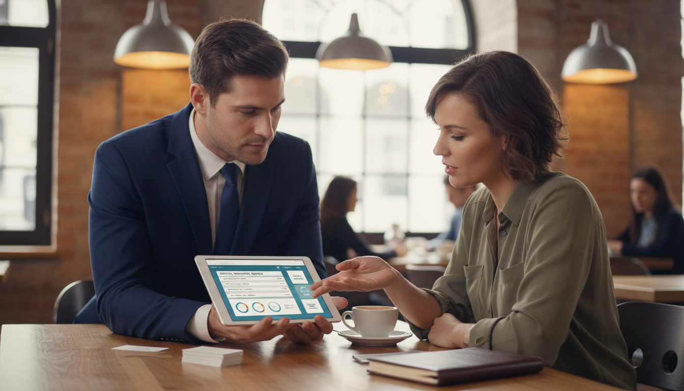 A professional insurance agent sitting across a restaurant owner in a modern cafe setting, discussing digital insurance quotes on a tablet, warm lighting, professional atmosphere, photorealistic style.